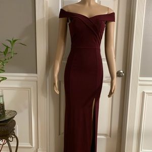 Women’s junior burgundy off- shoulder maxi dress